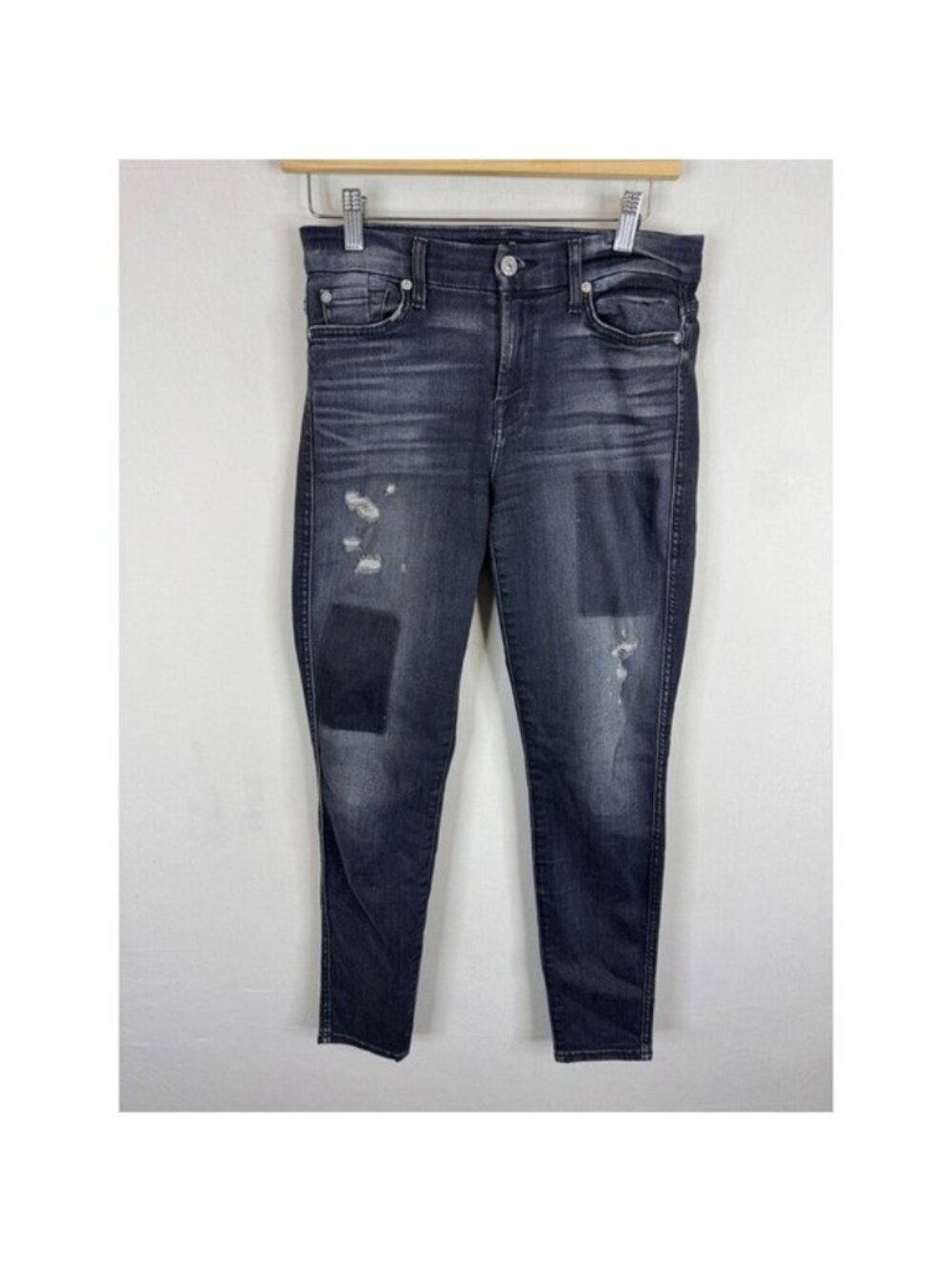 7 For All Mankind Skinny Jeans Black Distressed Patchwork Denim Womens 27
